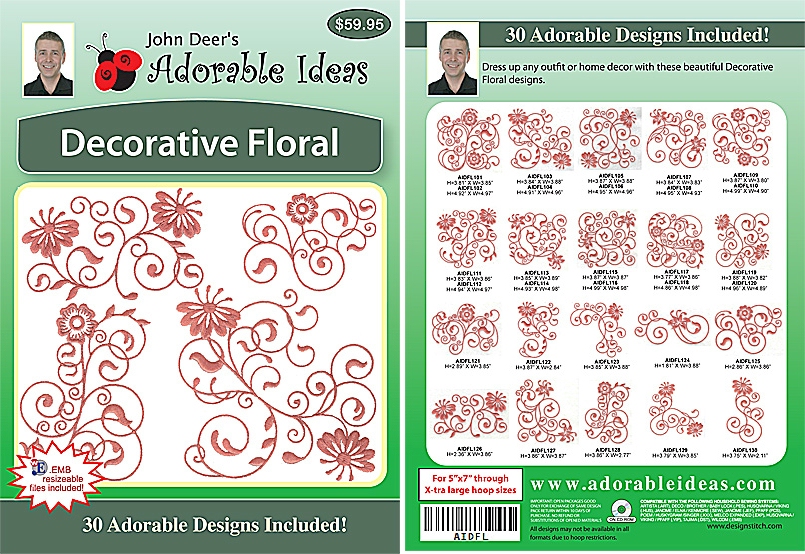 Decorative Floral Embroidery Designs by John Deer's Adorable Ideas - Multi-Format CD-ROM AIDFL