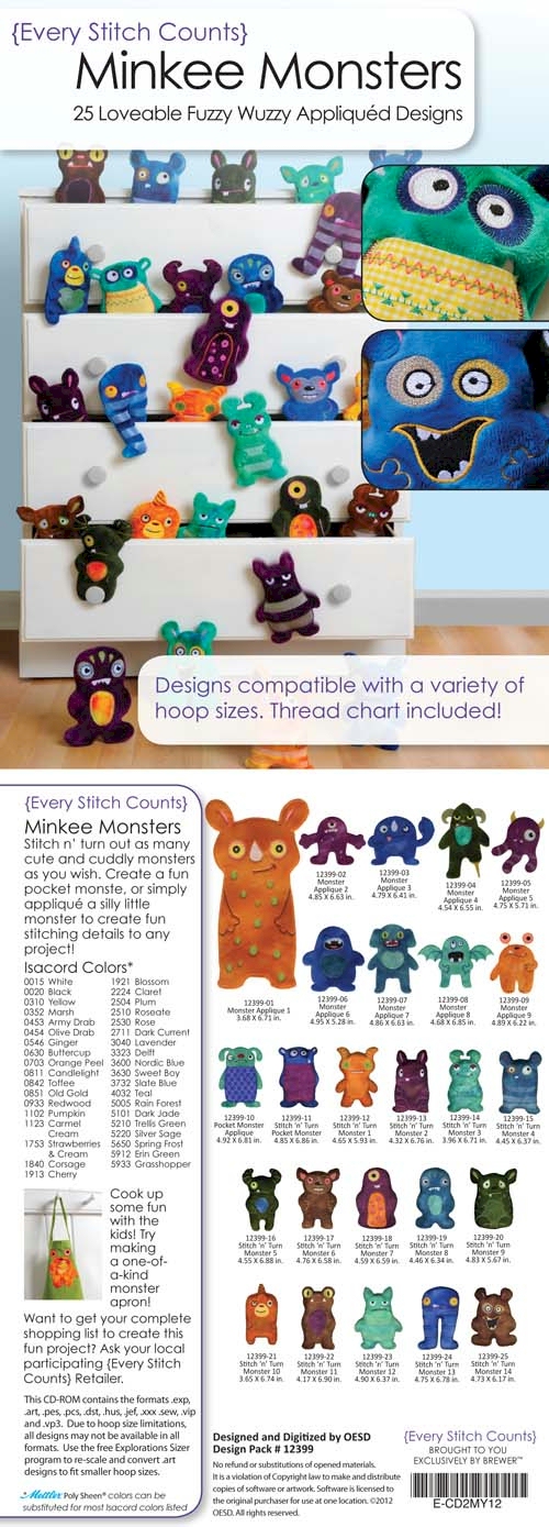 Minkee Monsters Embroidery Designs on CD-ROM by Every Stitch Counts CLOSEOUT