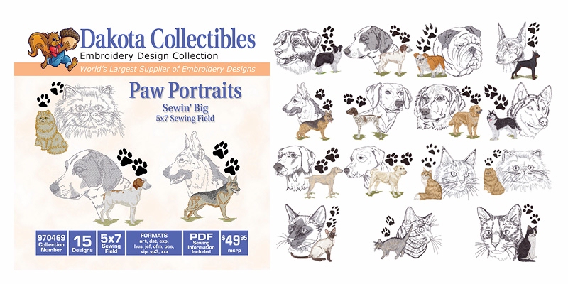 Paw Portraits:  Sewin' Big 5x7 Sewing Field Embroidery Designs by Dakota Collectibles on a CD-ROM 970469