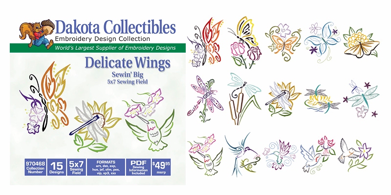 Delicate Wings:  Sewin' Big 5x7 Sewing Field Embroidery Designs by Dakota Collectibles on a CD-ROM 970468
