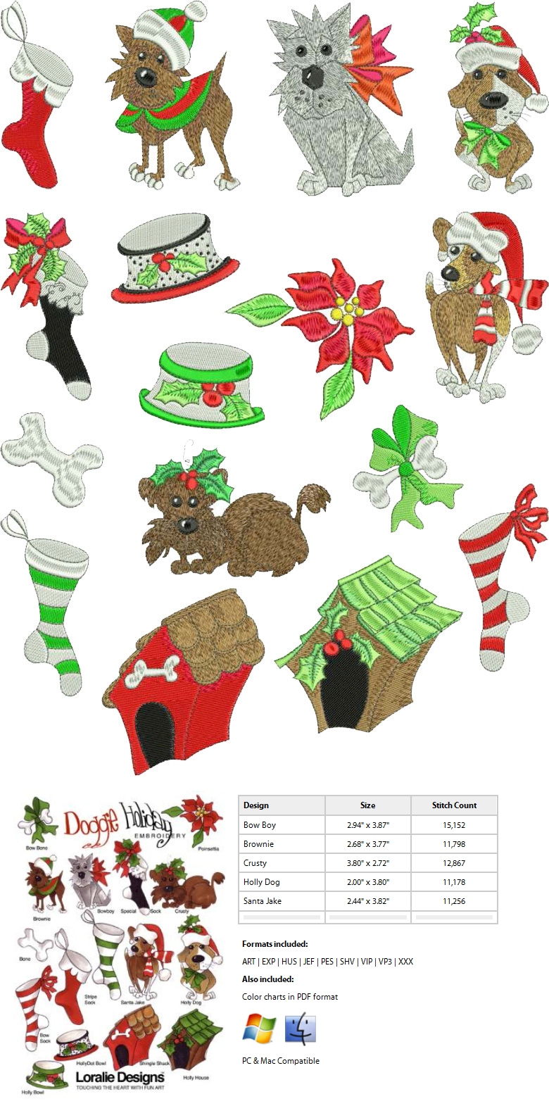 Doggie Holiday by Loralie Designs Embroidery Designs on a Multi-Format CD-ROM 630114