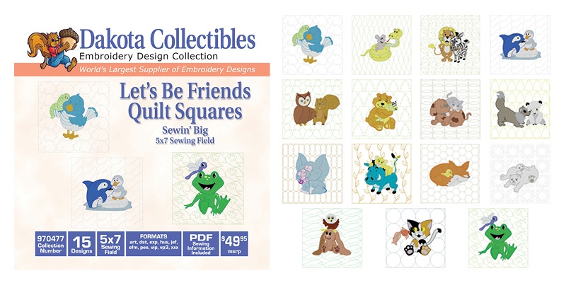 Let's Be Friends Quilt Squares:  Sewin' Big 5x7 Sewing Field Embroidery Designs by Dakota Collectibles on a CD-ROM 970477