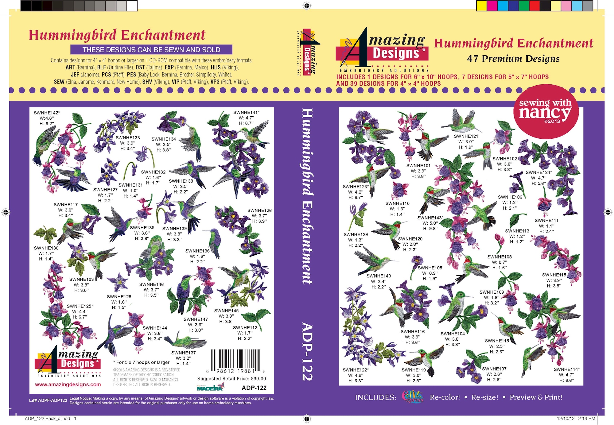 Hummingbird Enchantment Embroidery Designs by Sewing With Nancy for Amazing Designs on a Multi-Format CD-ROM ADP-122