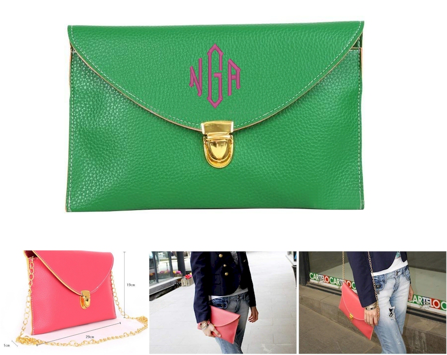 Leatherette Envelope Clutch Purse Embroidery Blank With Detachable Gold Shoulder Chain - KELLY GREEN