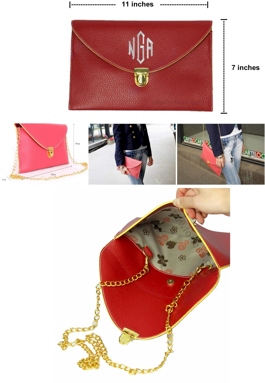 Leatherette Envelope Clutch Purse Embroidery Blank With Detachable Gold Shoulder Chain - RED - CLOSEOUT