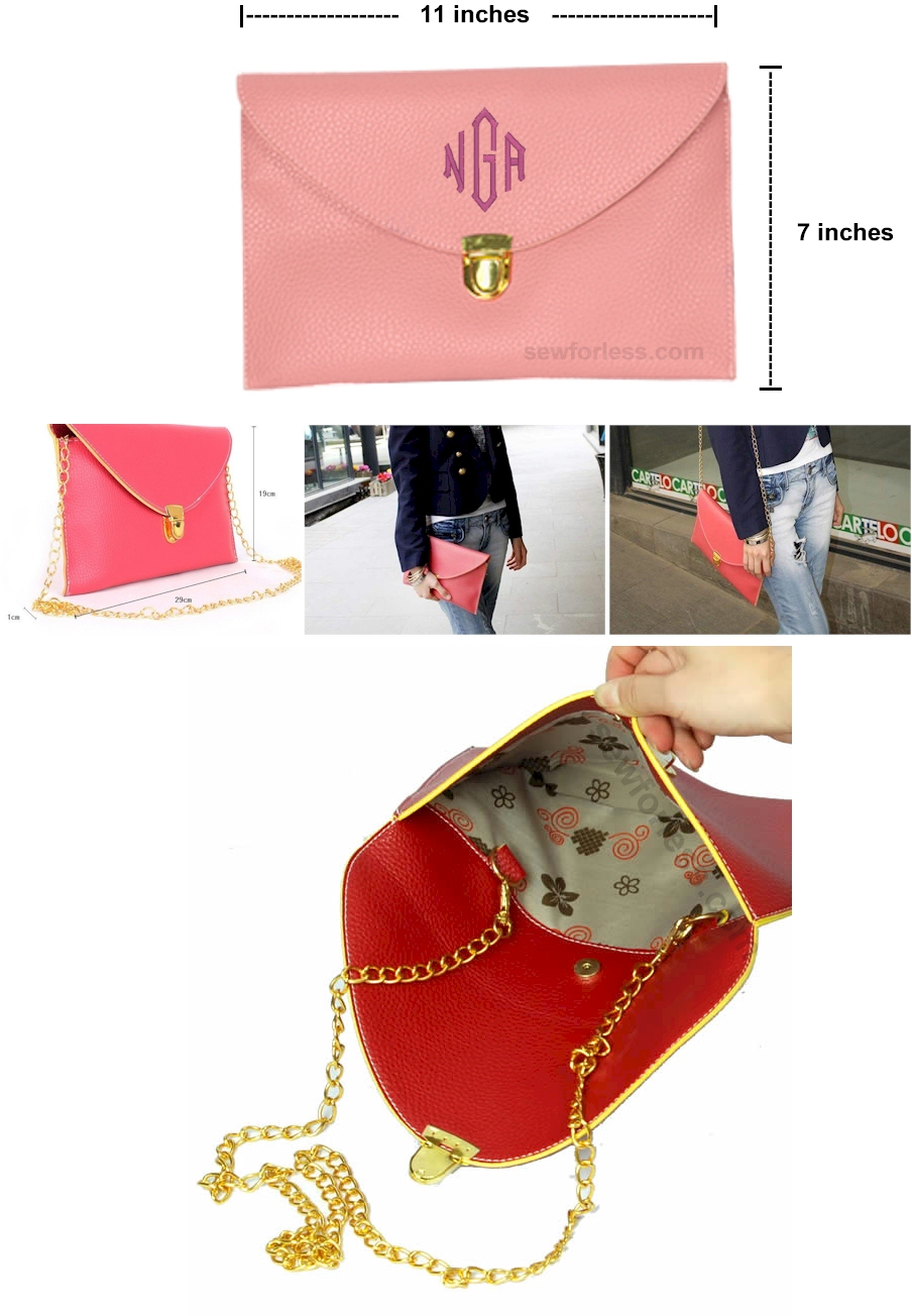 Leatherette Envelope Clutch Purse Embroidery Blank With Detachable Gold Shoulder Chain - LIGHT PINK