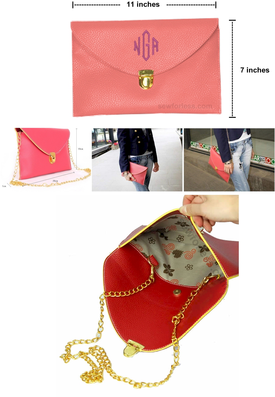 Leatherette Envelope Clutch Purse Embroidery Blank With Detachable Gold Shoulder Chain - SALMON