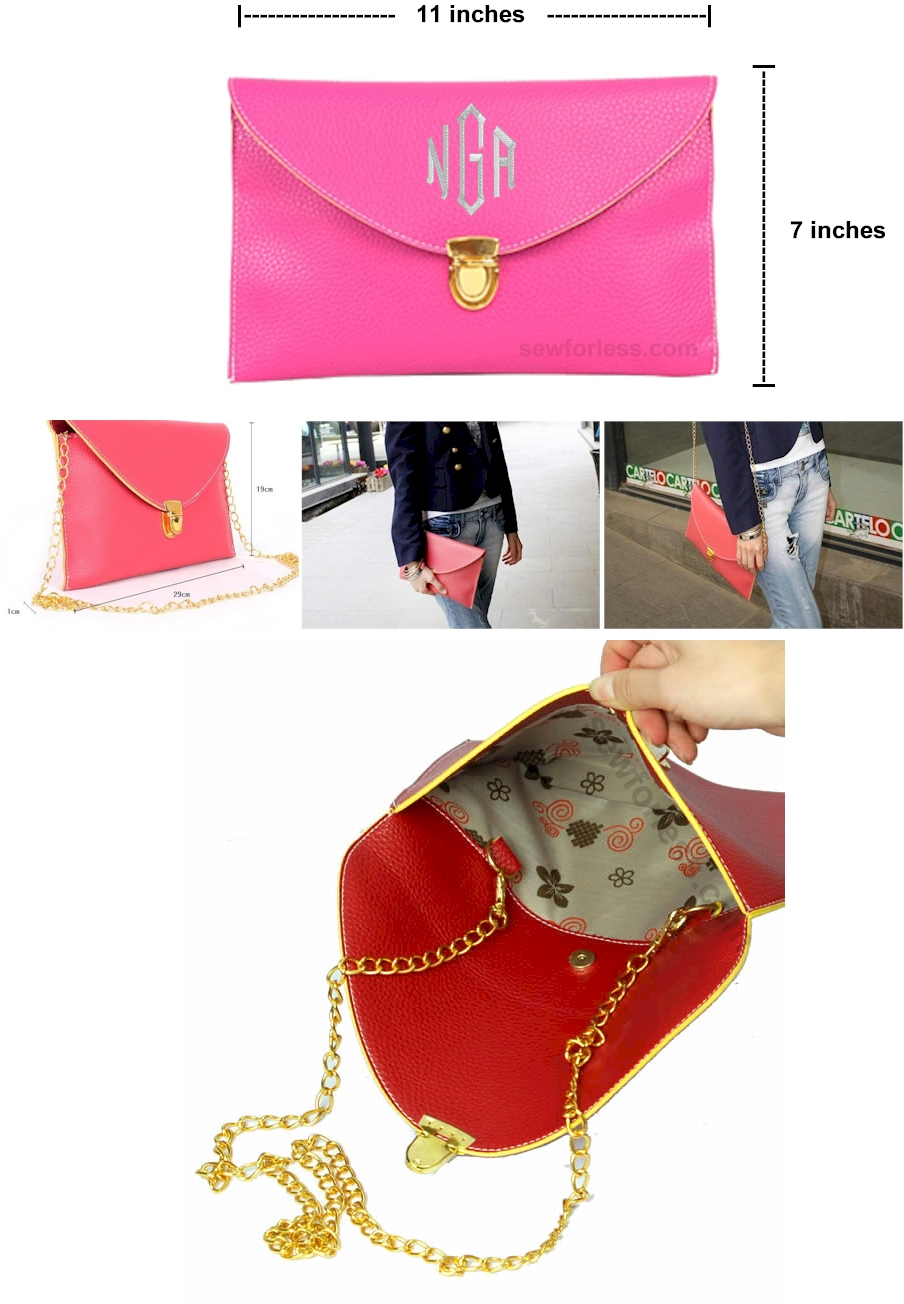 Leatherette Envelope Clutch Purse Embroidery Blank With Detachable Gold Shoulder Chain - HOT PINK