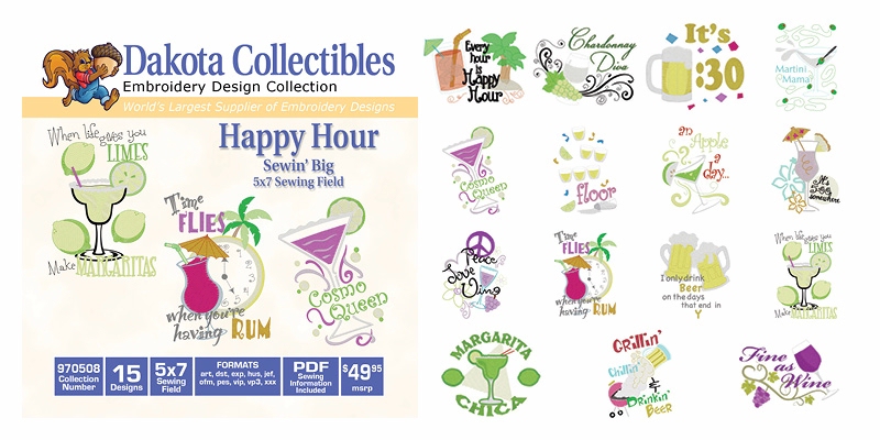 Happy Hour Embroidery Designs by Dakota Collectibles on a CD-ROM 970508