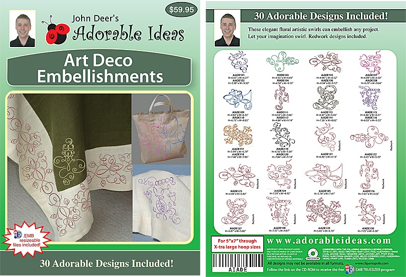 Art Deco Embellishments Embroidery Designs by John Deer's Adorable Ideas - Multi-Format CD-ROM
