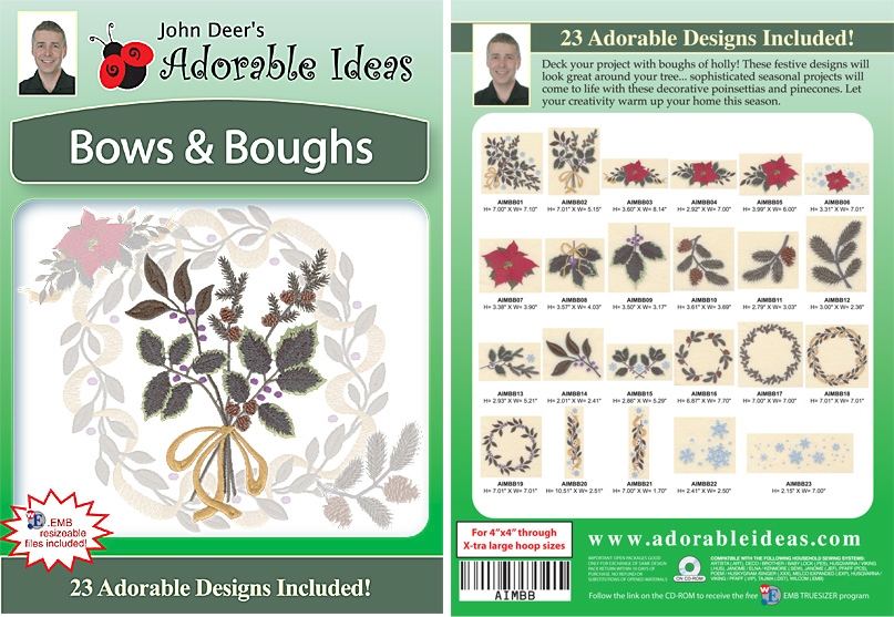 Bows and Boughs Embroidery Designs by John Deer's Adorable Ideas - Multi-Format CD-ROM
