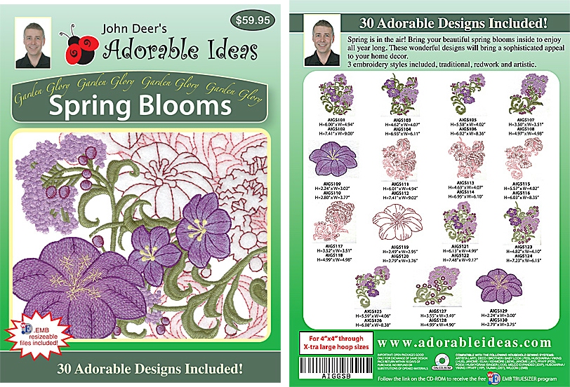 Garden Glory Spring Blooms Embroidery Designs by John Deer's Adorable Ideas - Multi-Format CD-ROM