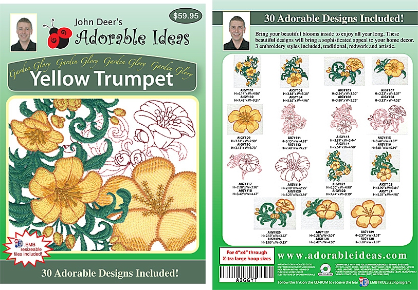 Garden Glory Yellow Trumpet Embroidery Designs by John Deer's Adorable Ideas - Multi-Format CD-ROM
