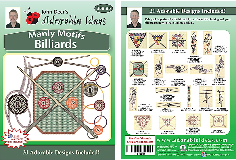 Manly Motifs Billiards Embroidery Designs by John Deer's Adorable Ideas - Multi-Format CD-ROM
