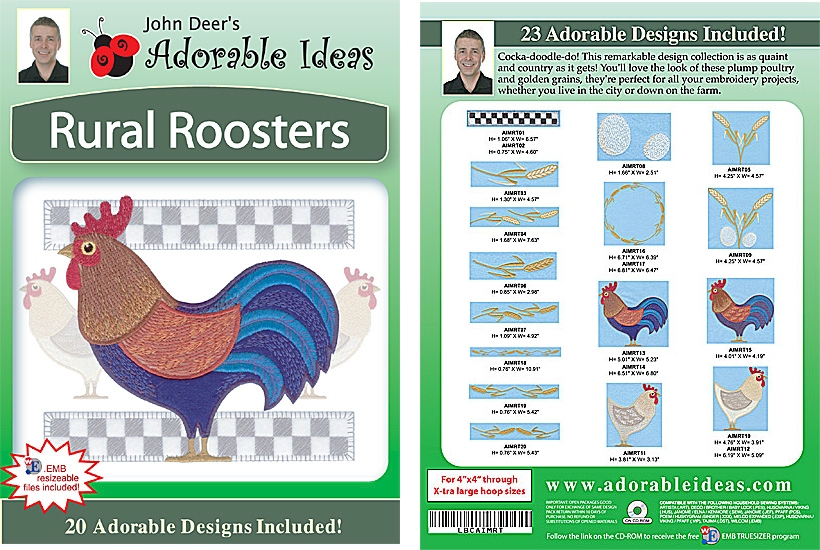 Rural Roosters Embroidery Designs by John Deer's Adorable Ideas - Multi-Format CD-ROM