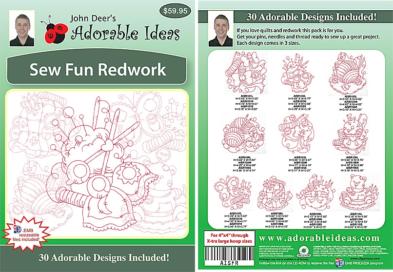 Sew Fun Redwork Embroidery Designs by John Deer's Adorable Ideas - Multi-Format CD-ROM