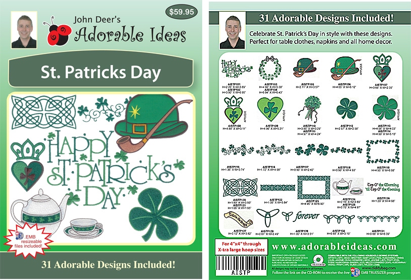 St. Patrick's Day Embroidery Designs by John Deer's Adorable Ideas - Multi-Format CD-ROM