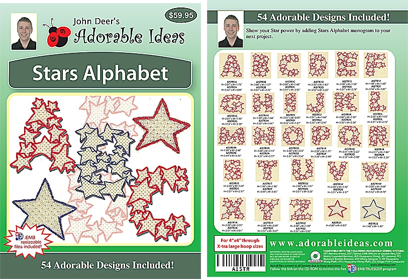 Stars Alphabet Embroidery Designs by John Deer's Adorable Ideas - Multi-Format CD-ROM