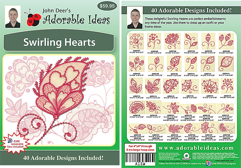 Swirling Hearts Embroidery Designs by John Deer's Adorable Ideas - Multi-Format CD-ROM