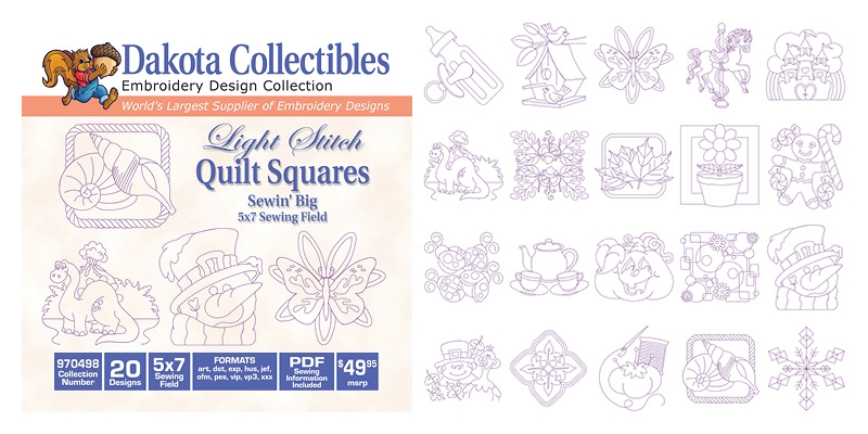 Light Stitch Quilt Squares Embroidery Designs by Dakota Collectibles on a CD-ROM 970498