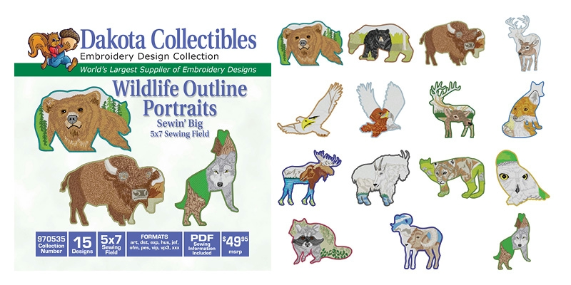 Wildlife Outline Portraits Embroidery Designs by Dakota Collectibles on a CD-ROM 970535