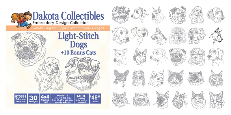 Light-Stitch Dogs & Cats Embroidery Designs by Dakota Collectibles on a CD-ROM 970536