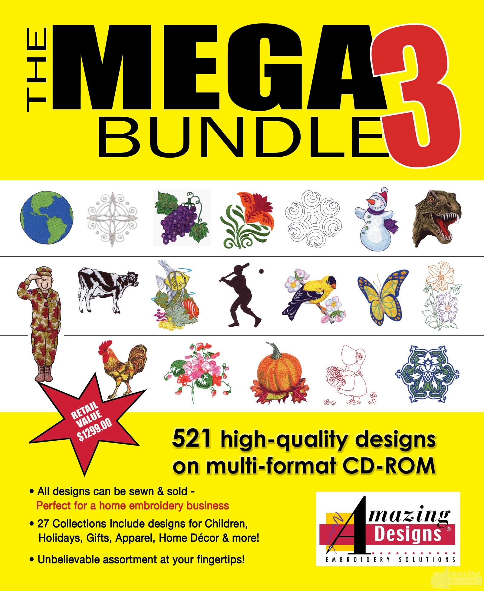 Mega Bundle 3 Including 521 Embroidery Designs by Amazing Designs on a Multi-Format CD-ROM