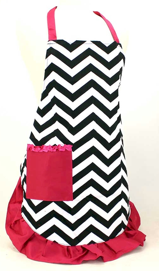 Full Length Chevron Apron Embroidery Blanks - BLACK with HOT PINK TRIM