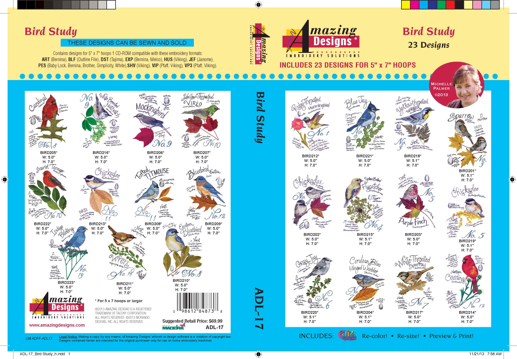Bird Study Embroidery Designs by Amazing Designs on a Multi-Format CD-ROM ADL-17