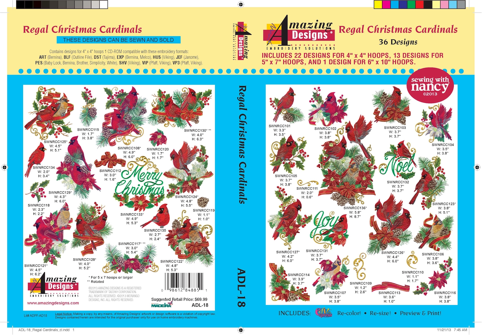 Regal Christmas Cardinals Embroidery Designs by Amazing Designs on a Multi-Format CD-ROM ADL-18