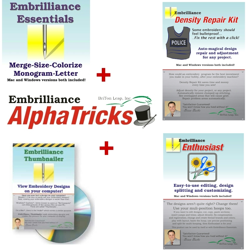 Embrilliance Essentials + AlphaTricks + Thumbnailer + Density Repair Kit + Enthusiast Combo Embroidery Software DOWNLOADABLE
