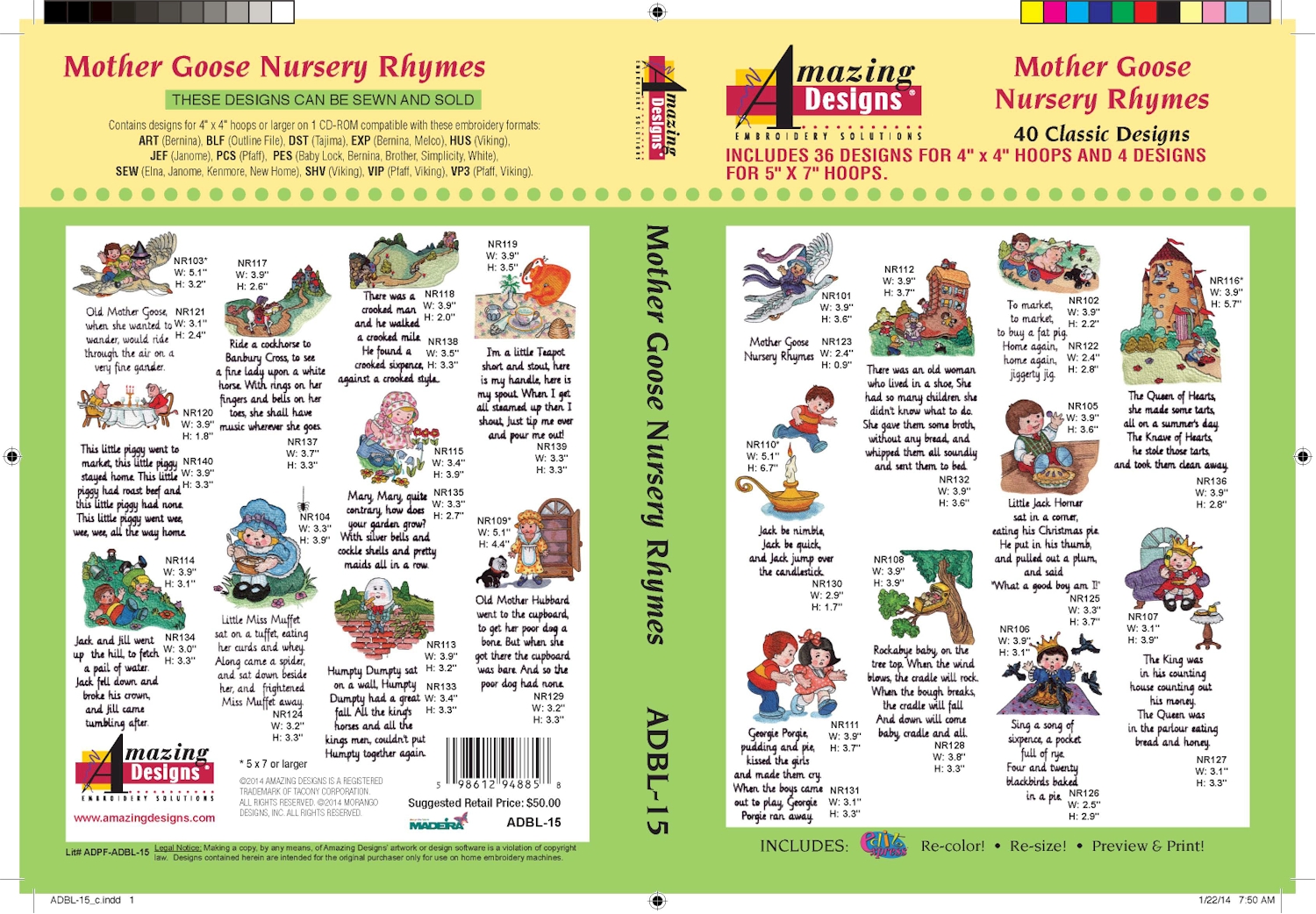 Mother Goose Nursery Rhymes Embroidery Designs by Amazing Designs on a Multi-Format CD-ROM ADBL-15 - CLOSEOUT