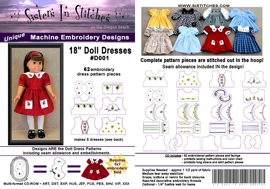 18" Doll Dress Embroidery Designs for American Girl Dolls by Sisters in Stitches
