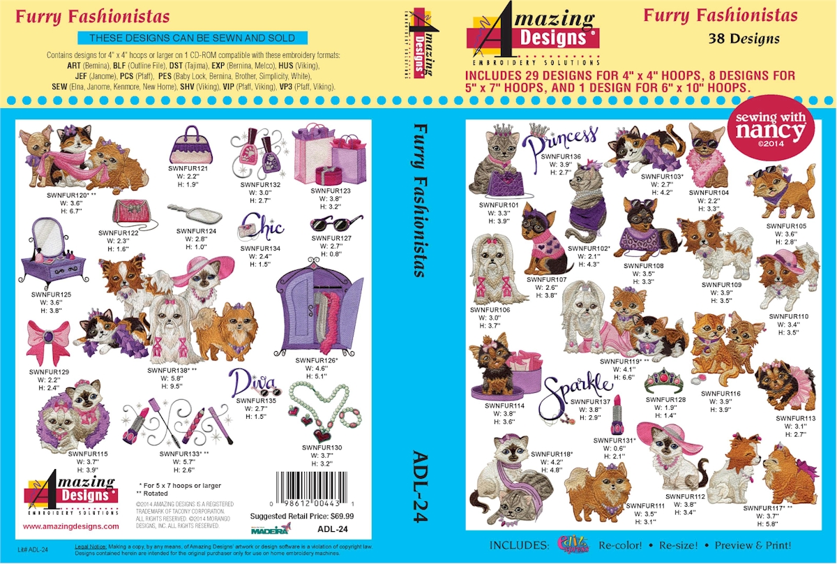 Furry Fashionistas Embroidery Designs by Amazing Designs on a Multi-Format CD-ROM ADL-24