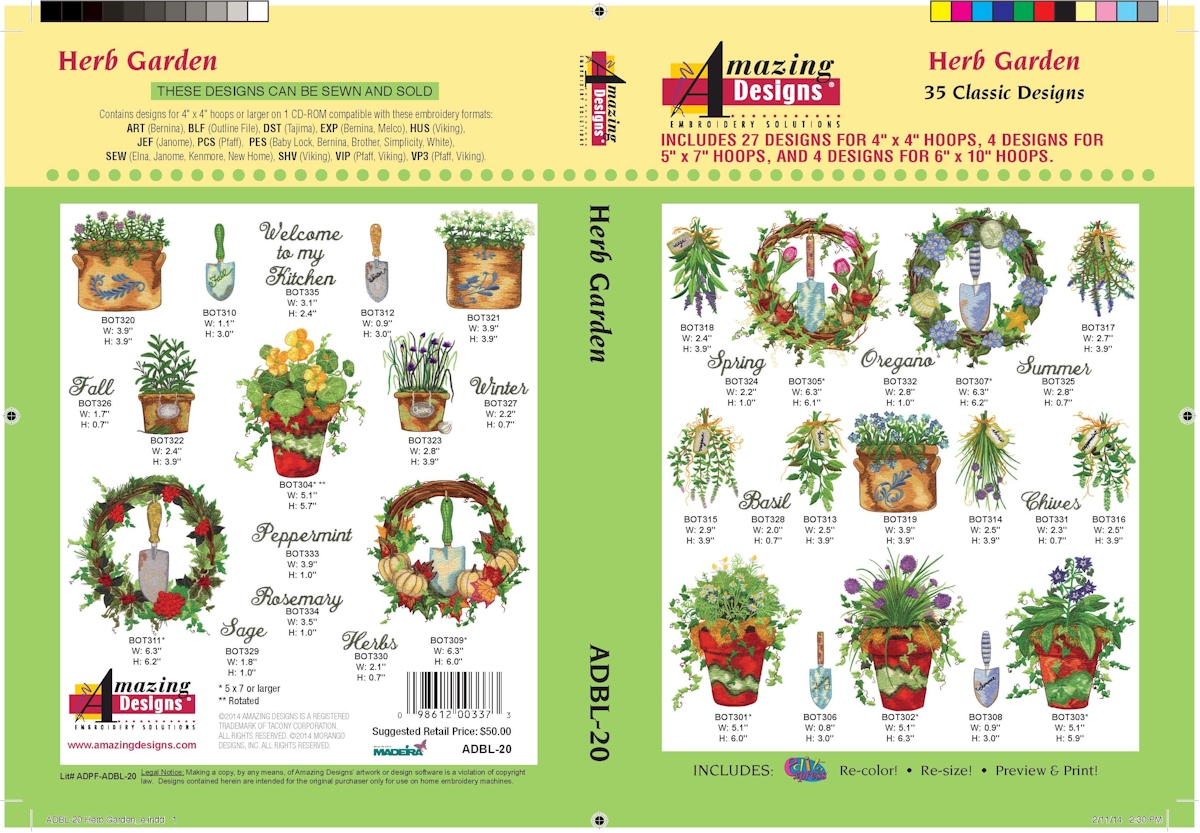 Herb Garden Embroidery Designs by Amazing Designs on a Multi-Format CD-ROM ADBL-20