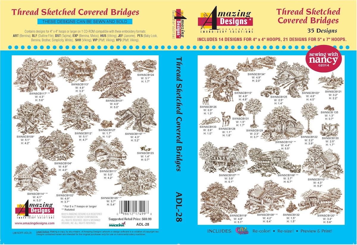 Thread Sketched Covered Bridges Embroidery Designs by Amazing Designs on a Multi-Format CD-ROM ADL-28