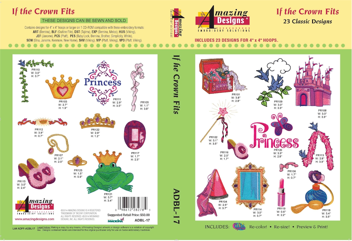 If the Crown Fits Embroidery Designs by Amazing Designs on a Multi-Format CD-ROM ADBL-17
