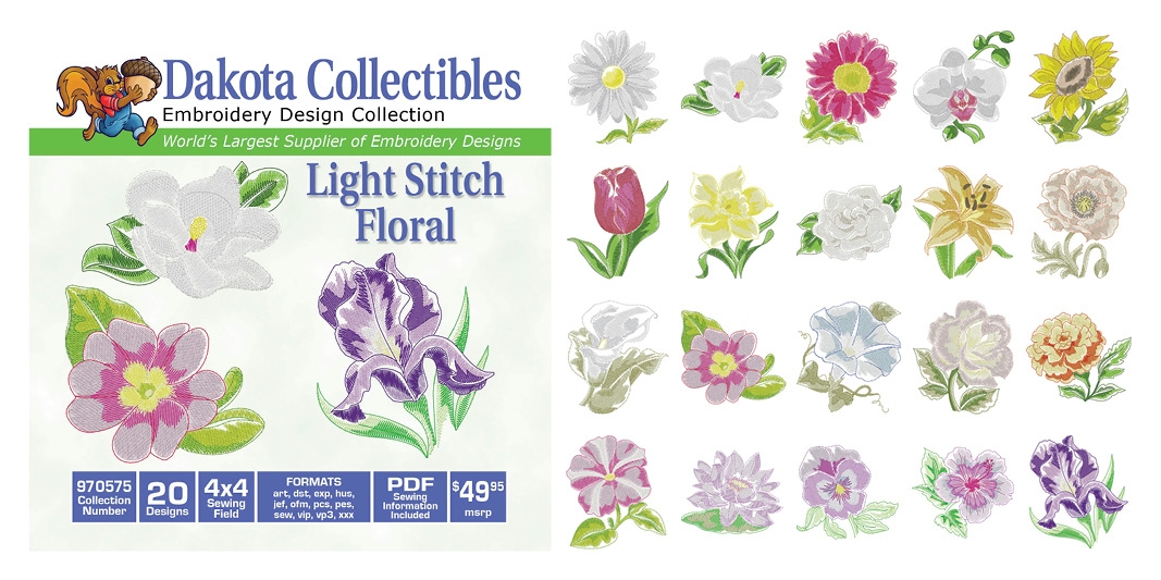 Light Stitch Floral Embroidery Designs by Dakota Collectibles on a CD-ROM 970575