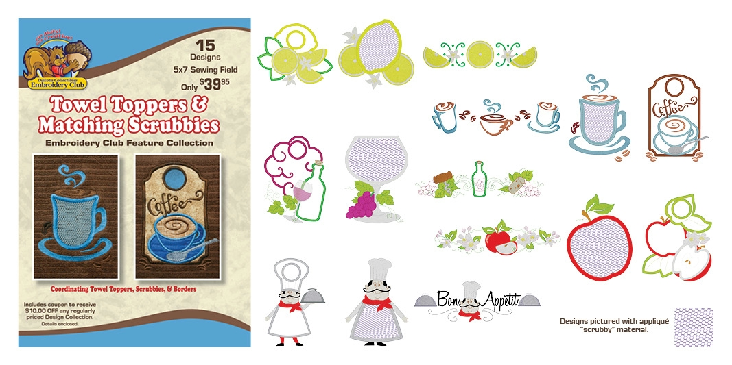 Towel Toppers & Matching Scrubbies Embroidery Designs by Dakota Collectibles on Multi-Format CD-ROM F70587