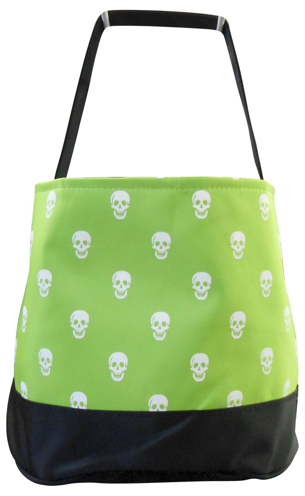 Collapsible Microfiber Halloween Bucket Tote - LIME w/ WHITE SKULLS