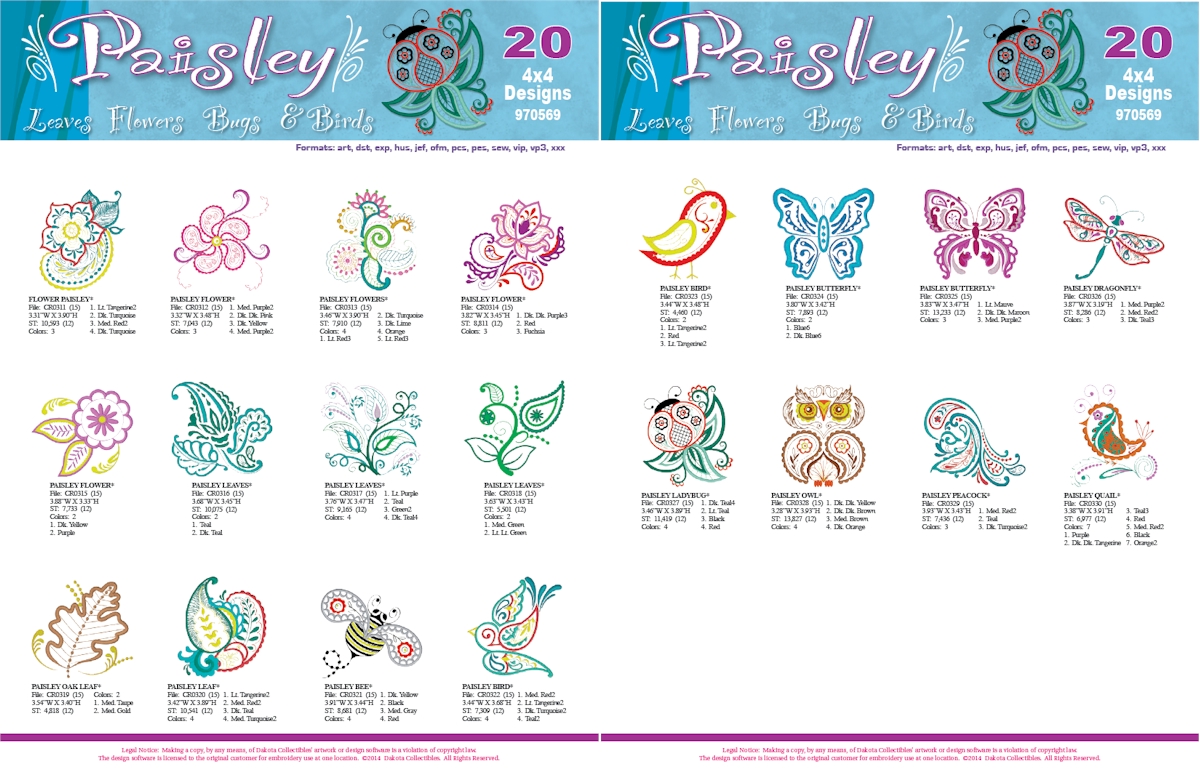 Paisley Birds, Flowers & More Embroidery Designs by Dakota Collectibles on Multi-Format CD-ROM 970569