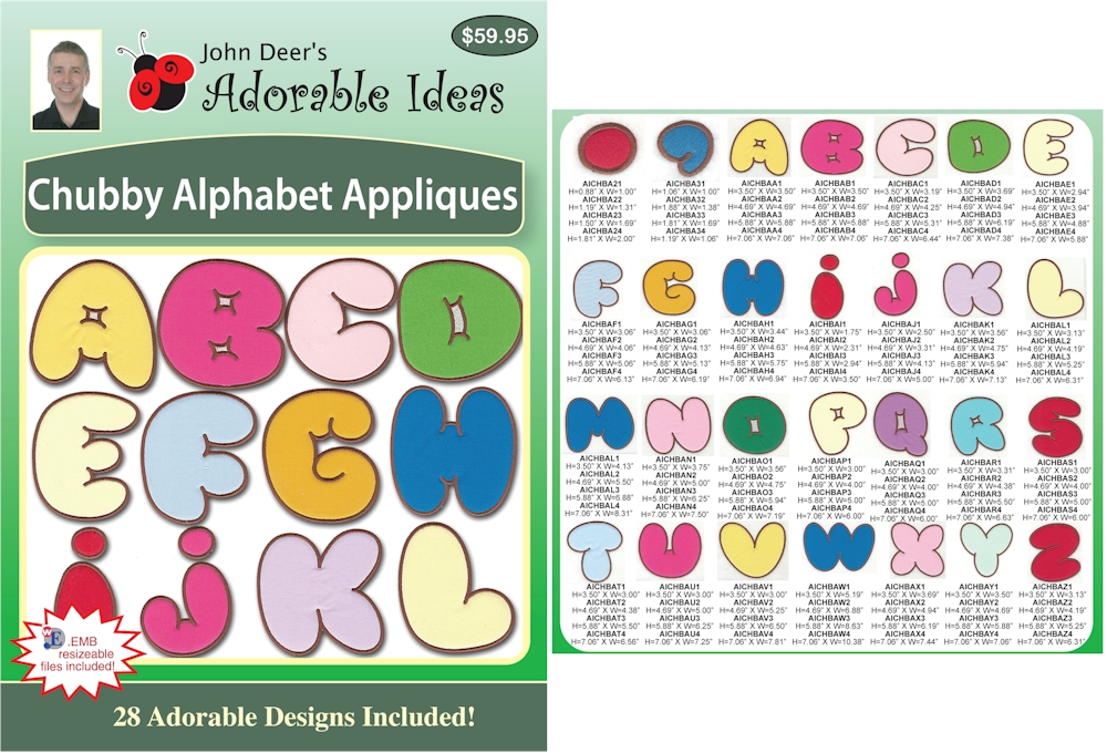 Chubby Alphabet Appliques Embroidery Designs by John Deer's Adorable Ideas - Multi-Format CD-ROM