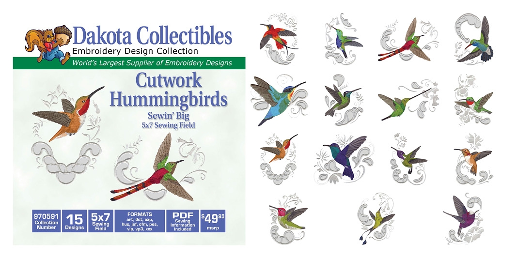 Cutwork Hummingbirds Embroidery Designs by Dakota Collectibles on a CD-ROM 970591