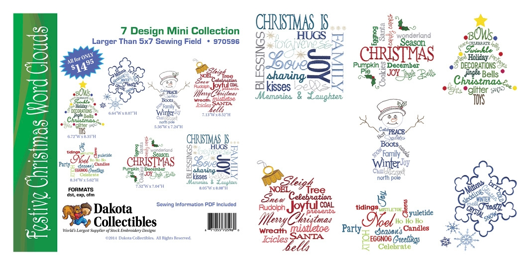 Festive Christmas Word Clouds Mini Collection of Embroidery Designs by Dakota Collectibles on a CD-ROM 970596