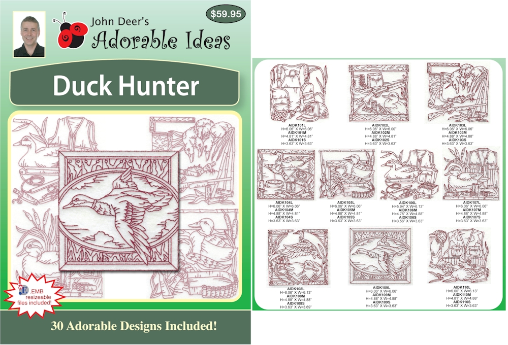Duck Hunter Redwork Embroidery Designs by John Deer's Adorable Ideas - Multi-Format CD-ROM