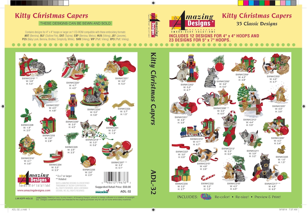 Kitty Christmas Capers Embroidery Designs by Amazing Designs on a Multi-Format CD-ROM ADL-32