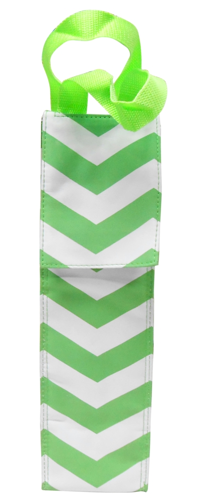 Insulated Wine Bottle Tote w/ Monogrammable Flap - GREEN CHEVRON