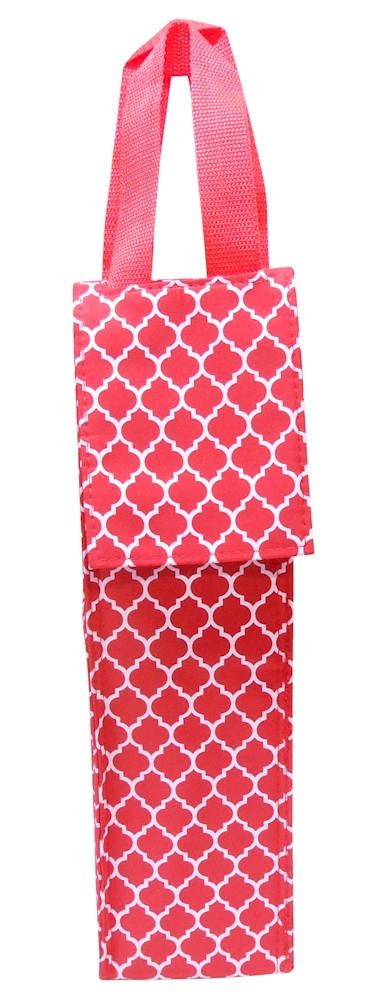 Insulated Wine Bottle Tote w/ Monogrammable Flap - RED QUATREFOIL