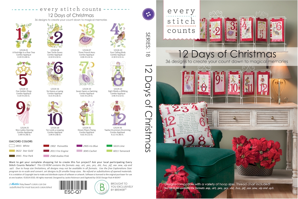 12 Days of Christmas Embroidery Designs on CD-ROM by Every Stitch Counts