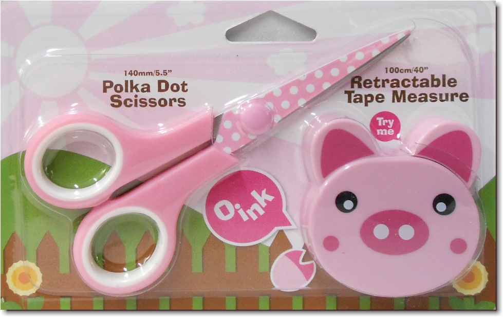 Cute Pig Retractable Tape Measure + Polka Dot Scissor Set - Pink OVERSTOCK